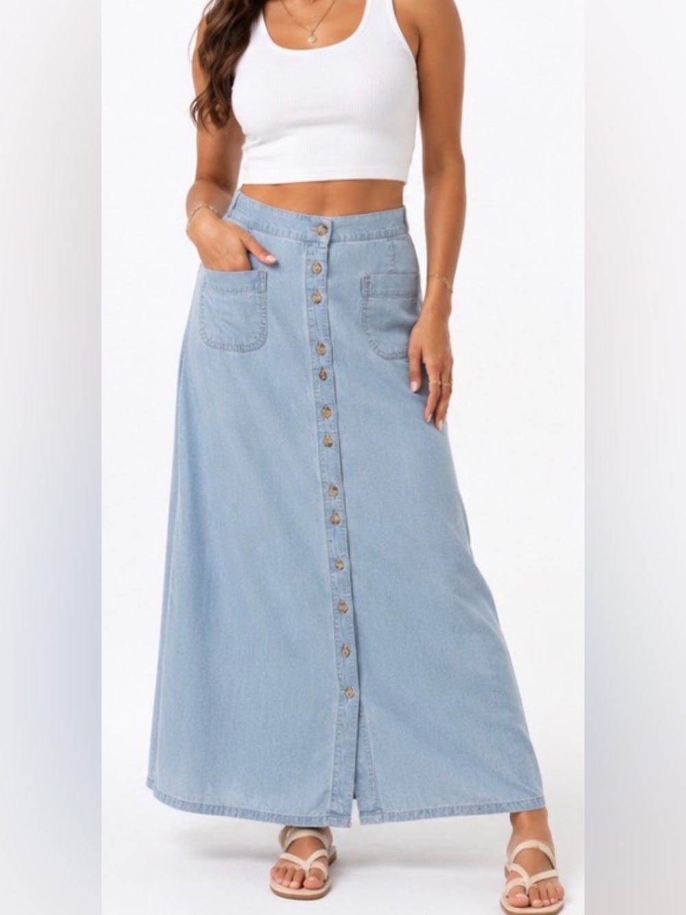 #1001 Liz Claiborne Lizwear Chambray Button-Front Maxi Skirt
